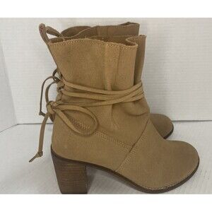 TOMS Ankle Boots Women's 7.5 Tan Suede Block Heel Wrap‎ Lace Booties Casual Fall
